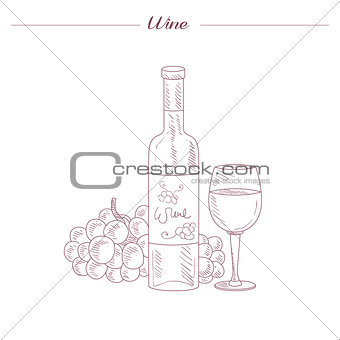 Wine Bottle And Glass Hand Drawn Realistic Sketch