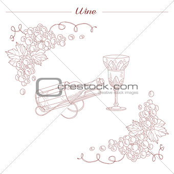 Vintage Bottle And Wine Glass Hand Drawn Realistic Sketch