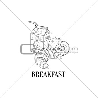 Breakfast With Milk, Croissant And Apple Hand Drawn Realistic Sketch
