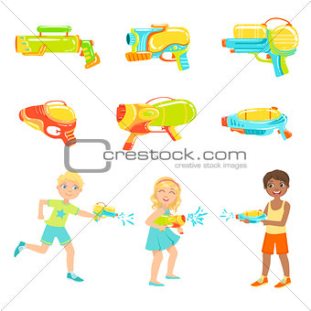 Kids Playing With Water Pistols And Different  Guns