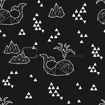 Seamless black and white kids tribal vector pattern with whales and triangles.