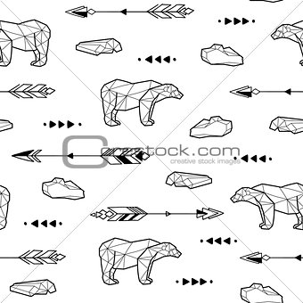 Seamless black and white kids tribal vector pattern with polar bears and arrows.