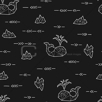 Seamless black and white kids tribal vector pattern with whales and arrows.