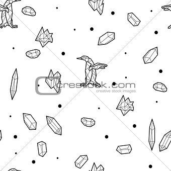 Seamless black and white kids tribal vector pattern with penguins and low-poly crystals.
