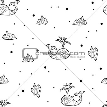 Seamless black and white kids tribal vector pattern with whales and ice floes.