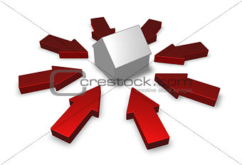 arrows around a house model - 3d illustration