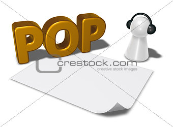 pop tag, blank white paper sheet and pawn with headphones - 3d rendering