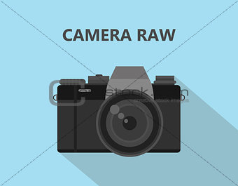 Camera RAW format file illustration with camera icon with shadow and blue background
