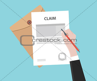 illustration of a man signing stamped claim letter using a red pen with folder document and blue background