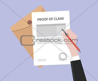 illustration of a man signing stamped proof of claim letter using a red pen with folder document and purple background