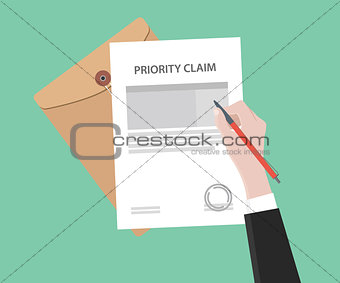 illustration of a man signing stamped priority claim letter using a red pen with folder document and green background