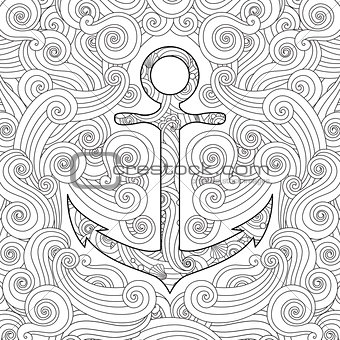 Coloring page with anchor in waves. Zentangle inspired doodle style. Square composition.