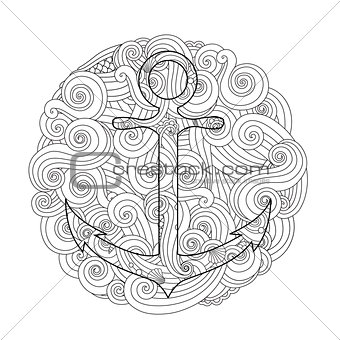 Coloring page with anchor in wave mandala. Zentangle inspired doodle style.