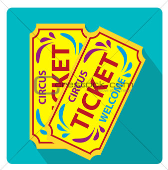Tickets to the circus icon flat style with long shadows, isolated on white background. Vector illustration.