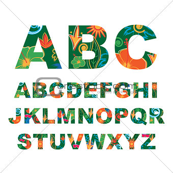 Summer alphabet, capital vector tropical letters