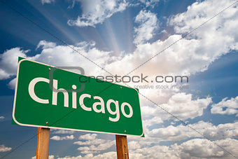 Chicago Green Road Sign Over Clouds