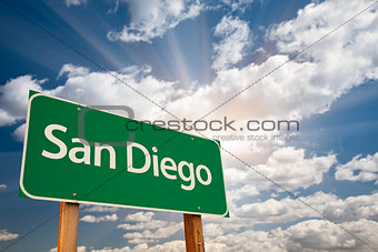 San Diego Green Road Sign Over Clouds