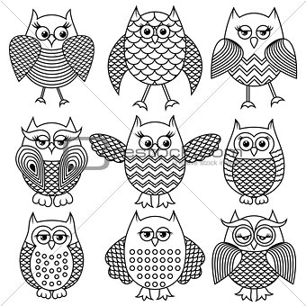 Nine cartoon funny owl outlines
