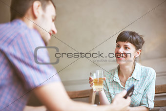 Couple in cafe Communicate and talk with each other