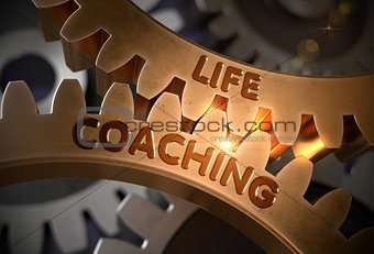 Life Coaching on Golden Metallic Cogwheels. 3D Illustration.