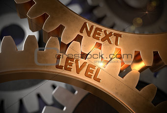 Next Level on Golden Metallic Gears. 3D Illustration.