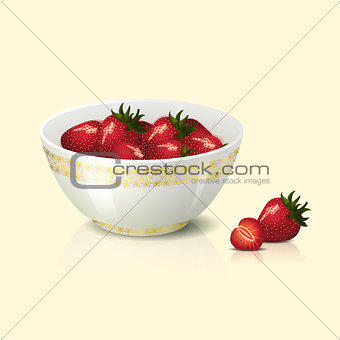 white bowl with strawberries shadow and reflection