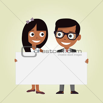 Illustration of a girl and a boy holding an empty banner on a white background. Kids and space frame.