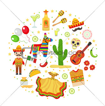 Cinco de Mayo celebration in Mexico, icons set in round shape, design element, flat style. Vector illustration.