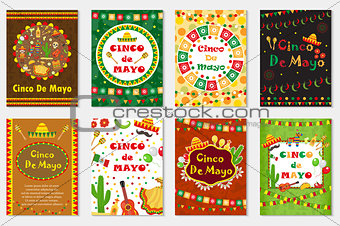 Cinco de Mayo set greeting card, template for flyer, poster, invitation. Mexican celebration with traditional symbols. Collection with bunting, sambrero, tequila, cactus, maracas. Vector illustration.