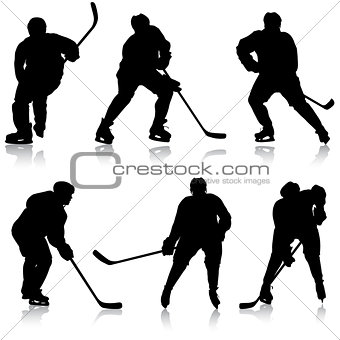 Set of silhouettes hockey player. Isolated on white. Vector illustrations