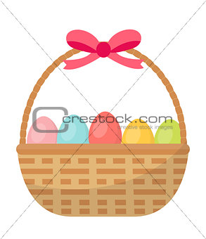 Basket with painted eggs. Easter basket icon, flat style. Isolated on white background. Vector illustration, clip-art.