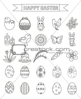 Happy Easter icon set, line style, doodle, hand drawing. Vector illustration.