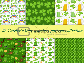 St. Patricks Day seamless pattern collection with beer and clover. Endless backdrop texture. Vector illustration.