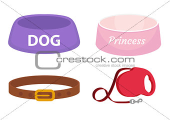 Animal accessories supplies set of icons, flat, cartoon style. Collection of items for dog care with bowl, leash, collar. Isolated on white background. Vector illustration, clip-art.