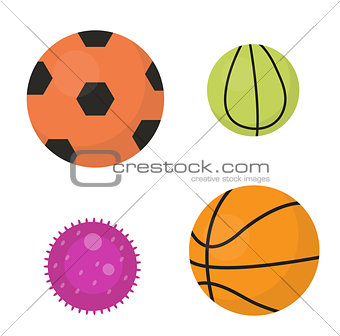 Balls set icons, flat, cartoon style. Collection of football, basketball, tennis. Isolated on white background. Vector illustration, clip-art.