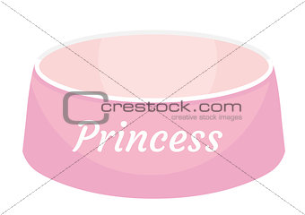 Pink dog food bowl with an inscription Princess icon, flat, cartoon style. Plate for animals. Isolated on white background. Vector illustration, clip-art.