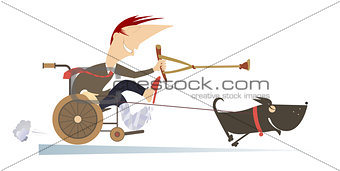 Dog hauling a sick man in the wheelchair by the rope