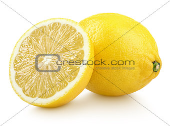 Whole yellow lemon citrus fruit with half isolated on white