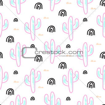 Cactus plant neon vector seamless pattern. Abstract cartoon desert fabric print.