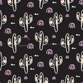 Cactus plant black vector seamless pattern. Abstract cartoon desert fabric print.