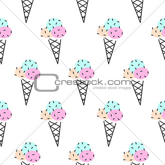 Ice cream cone vector seamless pattern. Pop art pink and black.