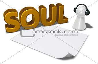 soul tag, blank white paper sheet and pawn with headphones