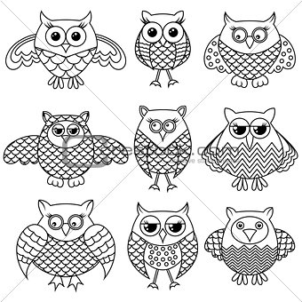 Nine funny cartoon owl outlines