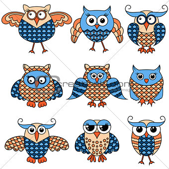 Set of nine cartoon funny owlsv