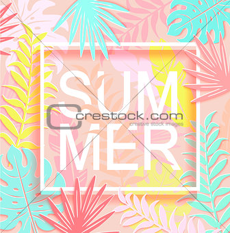 The word summer is surrounded by tropical leaves.
