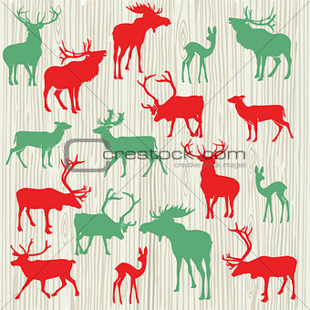 Illustration of red and green deer, reindeer and elk