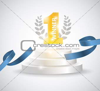 Winner background with blue ribbon, on round pedestal isolated on white. Poster or brochure template.