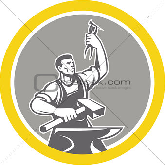 Blacksmith Worker Holding Pliers Anvil Circle Retro