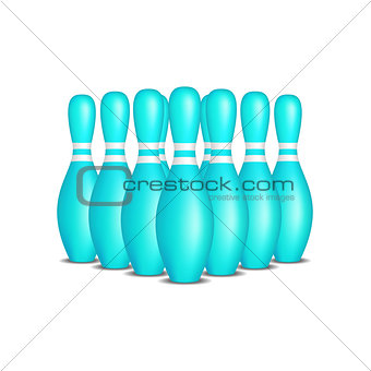 Bowling pins in turquoise design with white stripes standing in formation