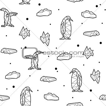 Seamless black and white kids tribal vector pattern with penguins and ice floes.